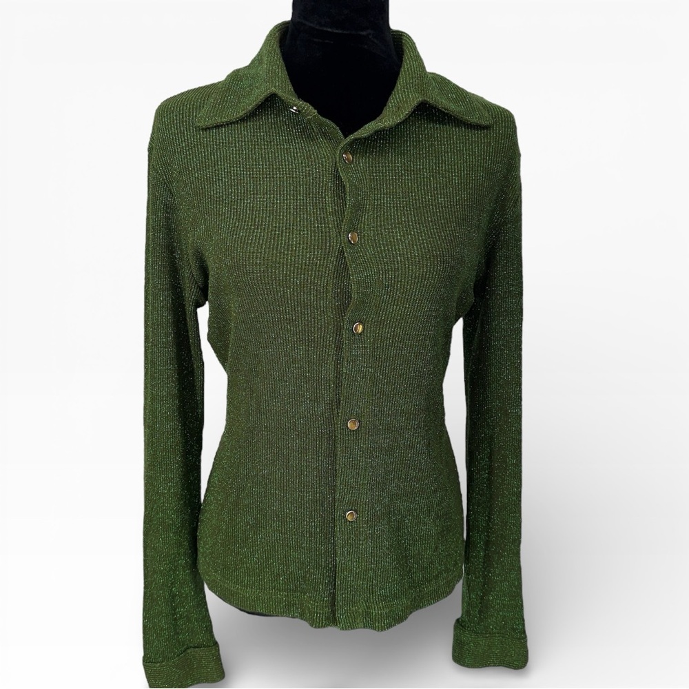Vintage Y2K Lip Service Green Sparkly Button Up Long Sleeve Shirt Women’s Size M